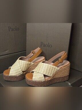 Linea Paolo Valery Espadrille Wedge Sandals - Natural/Gold Woven -  NIB